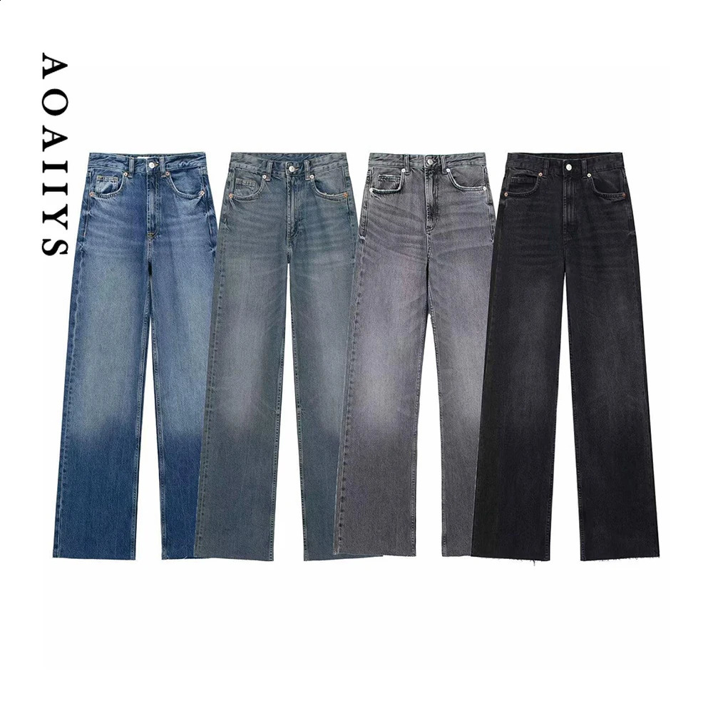 White Jeans for Womens Straight Pants High Waisted Pockets Gradient Elegant Chic Denim Trousers Fashion Causal Jeans 250225