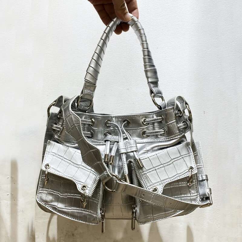 Moto & Biker Bags For Women Designer Handbag And Purses New In PU Crocodile Pattern Metal Ring Woven Handle Shoulder