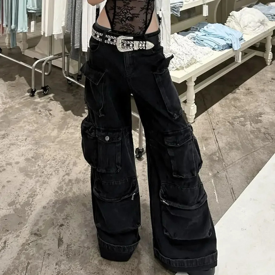 Casual jeans American washed multi-pocket work jeans Y2K retro womens street black straight-leg loose wide-leg pants 250225