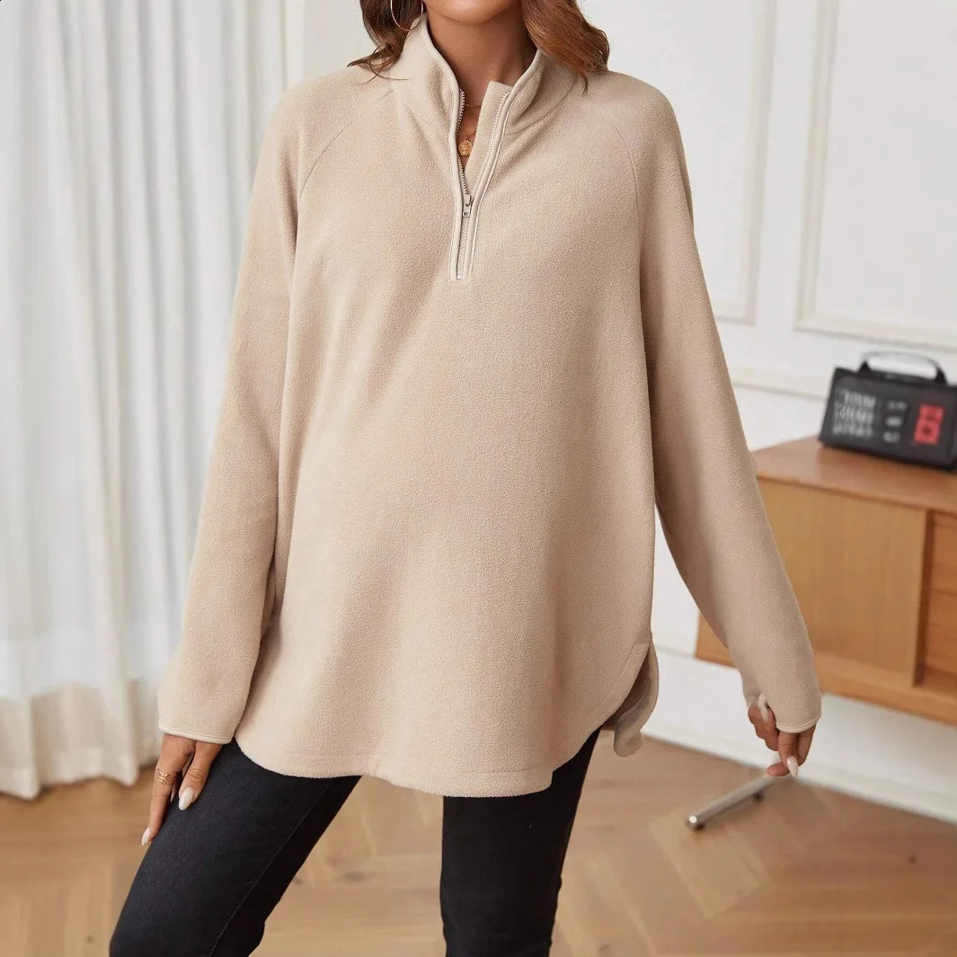 Pregnant womens clothing T-shirt for autumn and winter fashionable plain weave zipper loose long sleeved T-shirt for pregnant women 250228