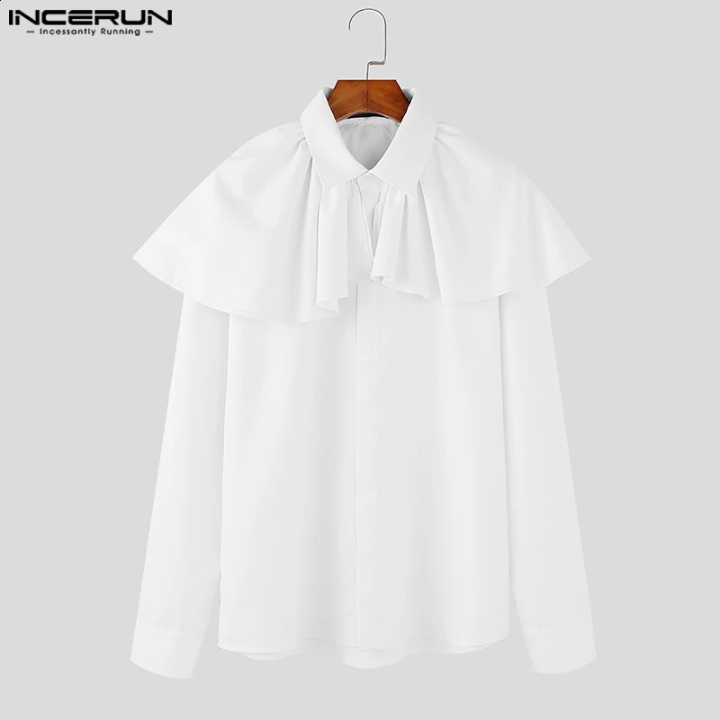 INCERUN Tops American Style Men Ruffled Courtly Style Shirt Casual Fashion Loose Solid Long Sleeved Blouse S-5XL 250225