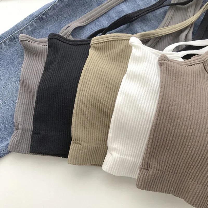 Korean Style Halter Neck Tank Top Womens Sleeveless Bra Base Layer Vest Small Size Fixed Cup Bra Padded Strapless Top 250224