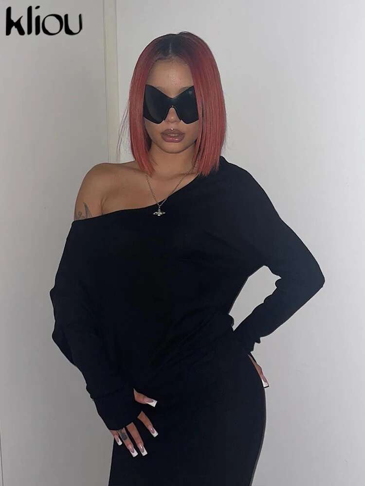 Kliou Solid Crew Neck Women Autumn Mini Dress Fashion Simple Long Sleeve Bodycone Waist Vestidos Female Trend Basic Streetwear