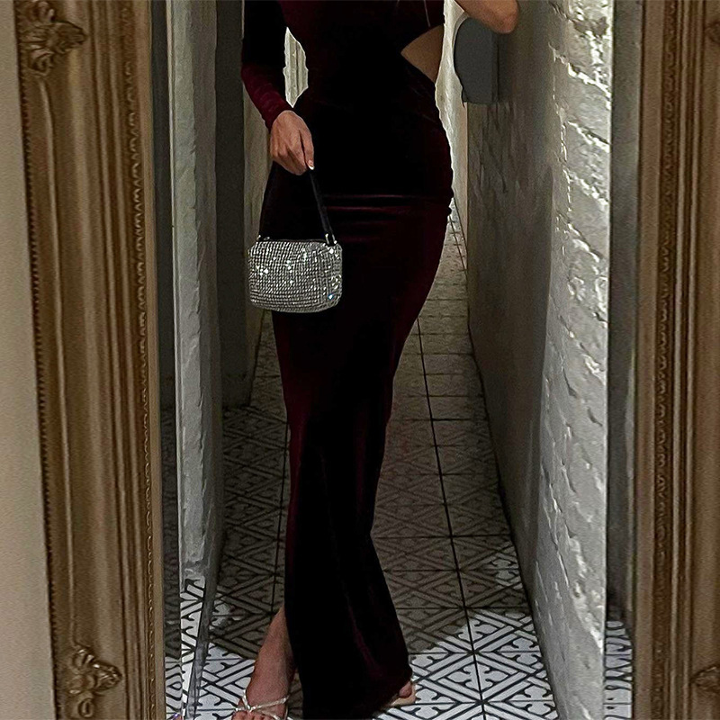 Wind Women's Clothing New Autumn New Fashionable And Sexy Side Hollow Slit Slim Fit Single Shoulder Dress