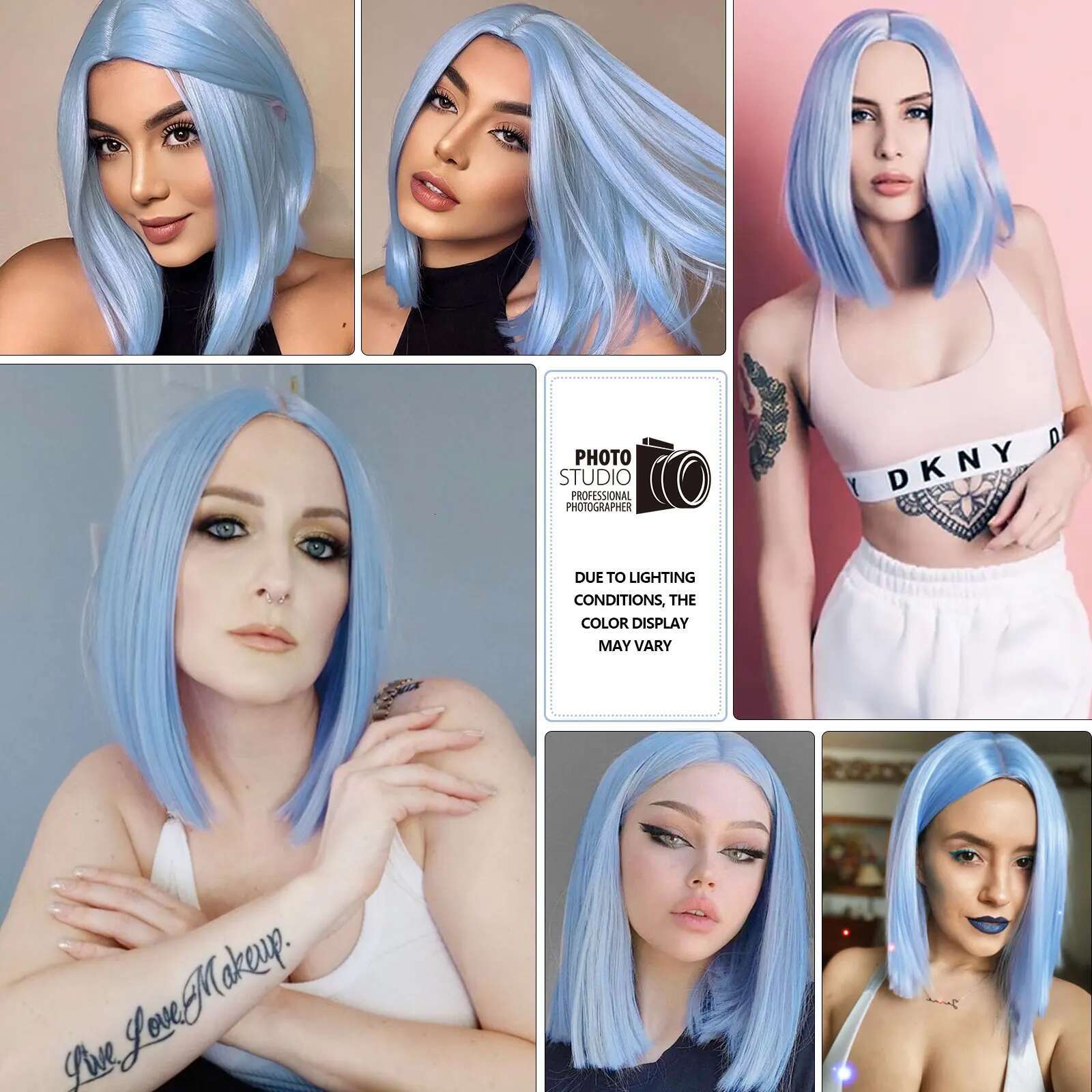 Light Synthetic Short Bob Straight Blue Women Shoulder Length Wigs Colorful Wig For Daily Use Party Cosplay