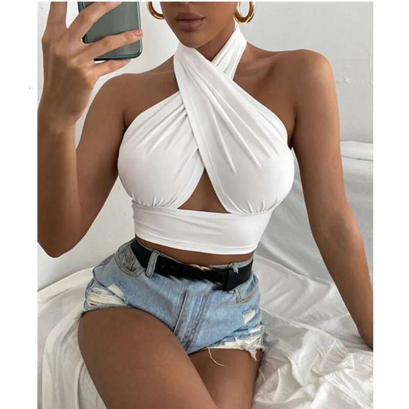 Summer Tank Women Solid Cross Halter Camis Backless Crop Tops Female Camisole Cropped Top Slim Sleeveless Streetwear