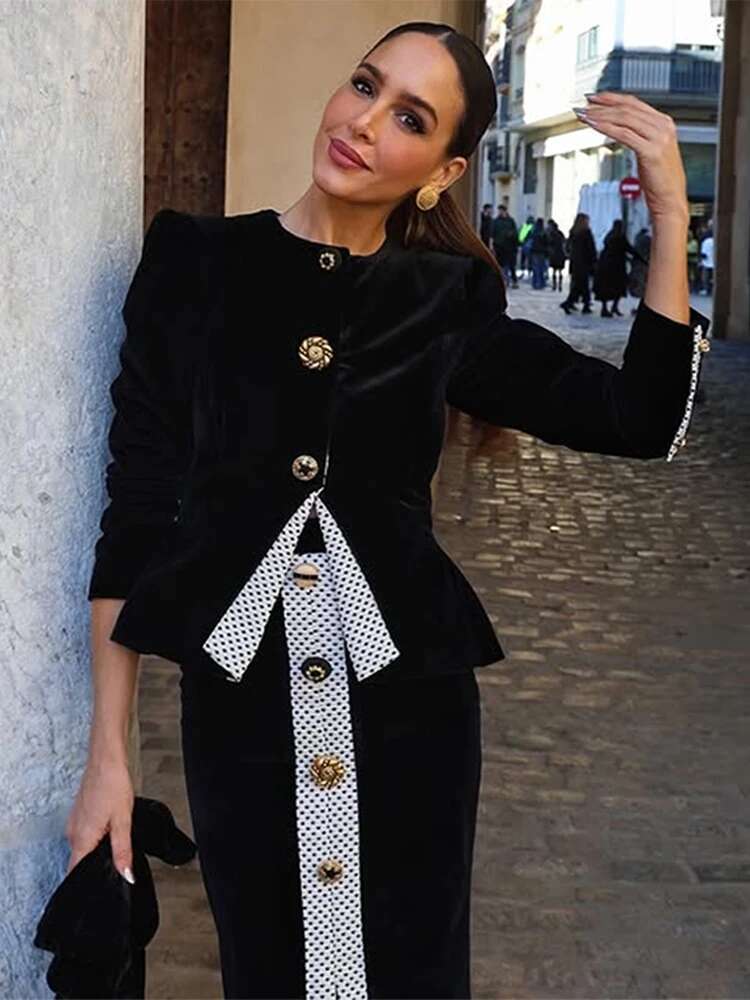 Designer Veet Patchwork Suit Coat Jacket High Waist Skirt Set Vintage Color Contrast Slim Fit Round Neck Women Top Overcoat Long Skirts