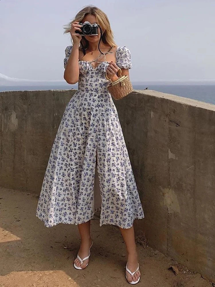 Summer Women Puff Sleeve Floral Printed DressLong DressesWoman ClothingDress WomenWomens Elegant DressesSexy Costume Women 250226