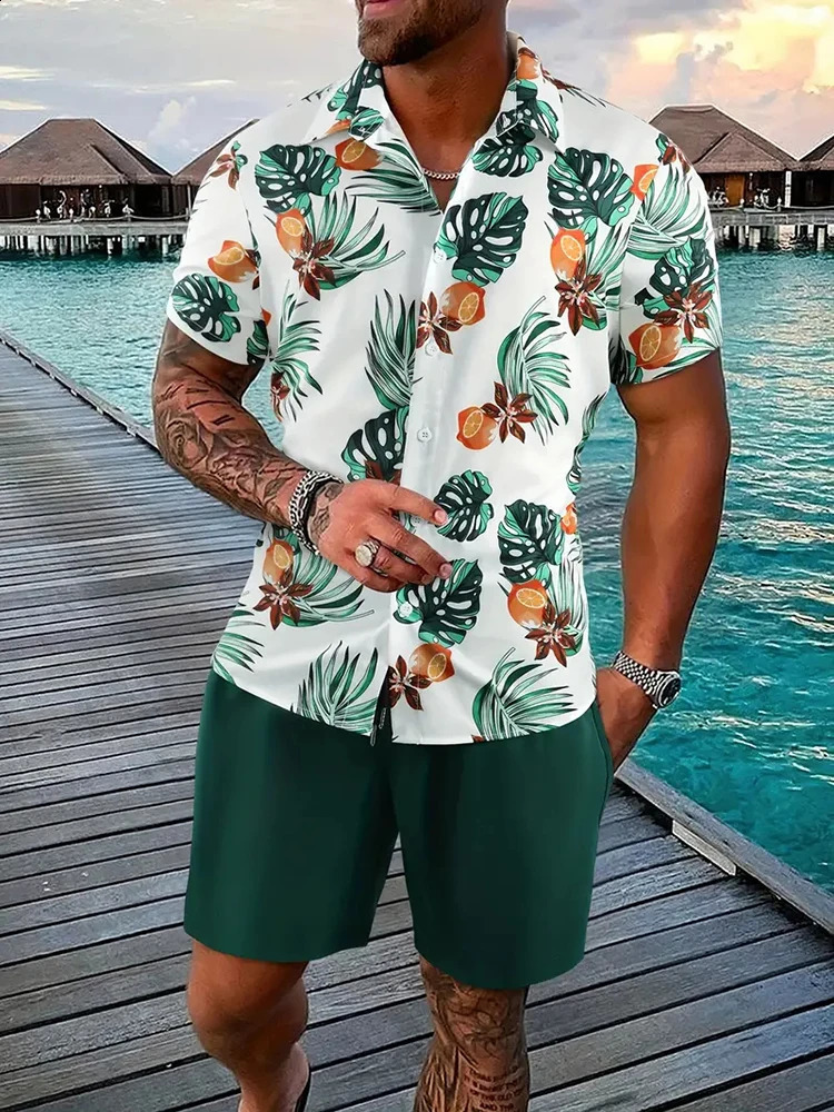 Hawaiian Mens Short-sleeved Shirt And Beach Shorts Set Summer Casual Mens Shirt Beach Vacation Loose Breathable Mens Shorts 250225