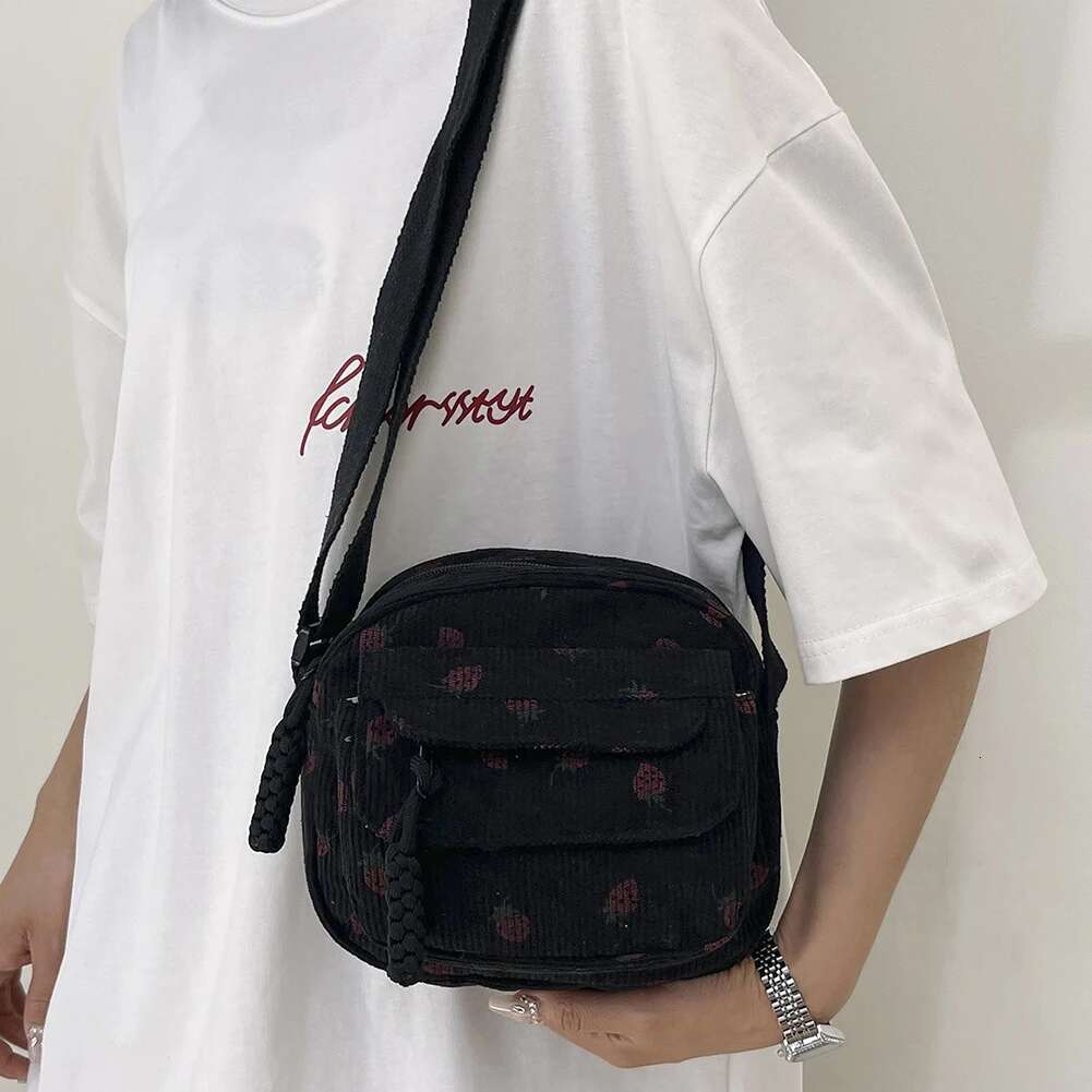 Cute Strawberry Fashion Slant Corduroy Shoulder Bag With Casual Zipper For Women