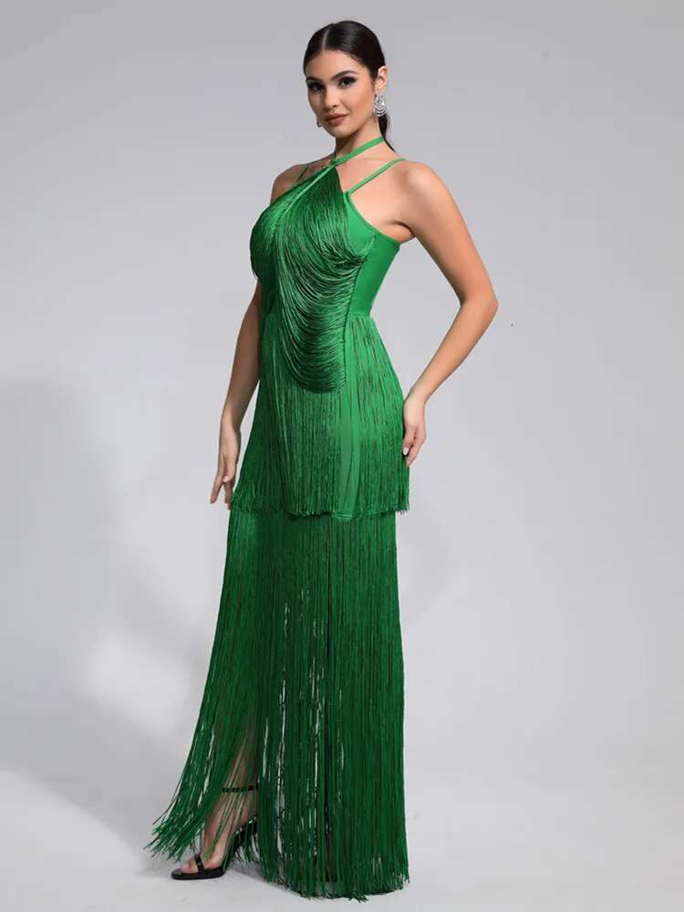 Women Celebrity Sexy Sleeveless Tassel Green Maxi Long Bandage Dress 2024 Knitted Elegant Evening Club Party Outfit