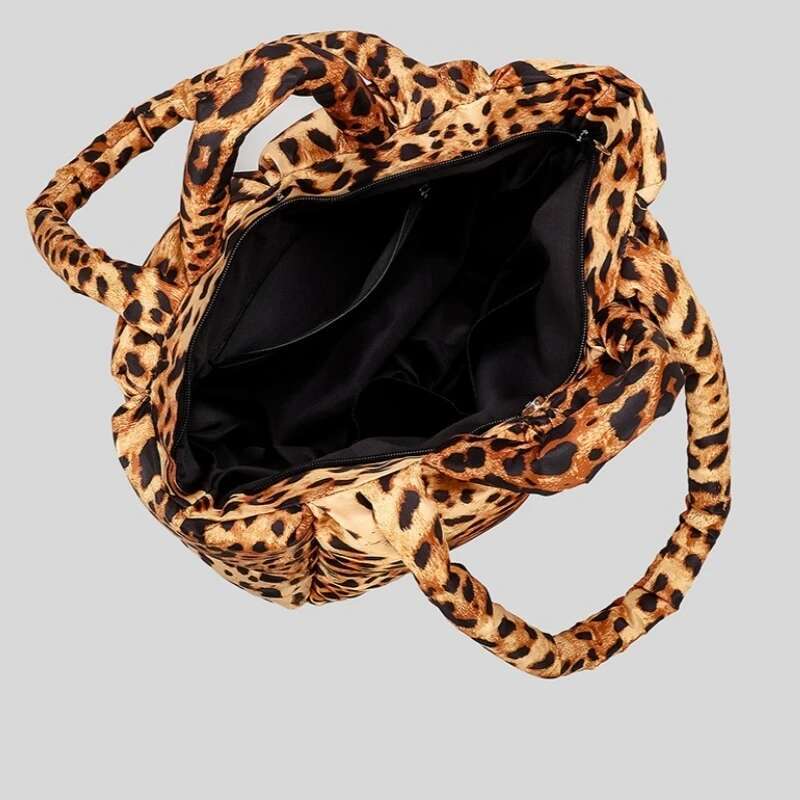 Women Leopard Design Puffy Handbag Large Capacity Quilted Space Down Feather Padded Cotton Tote Bag Winter Warm Shopping Purse