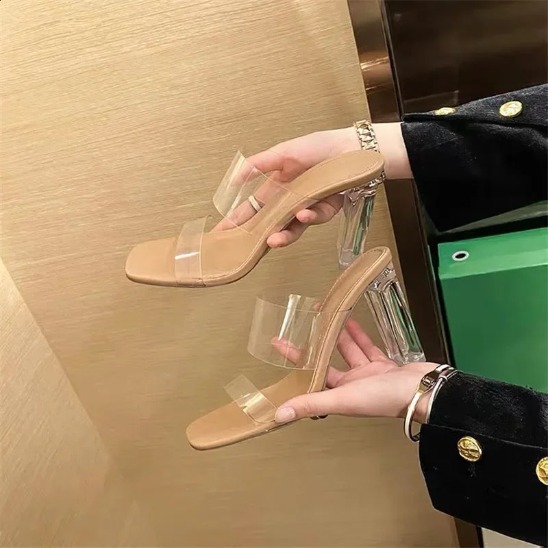 Summer womens pumps sandals PVC jelly slippers open heels high heels transparent Perspex slippers heels transparent sandals 250218