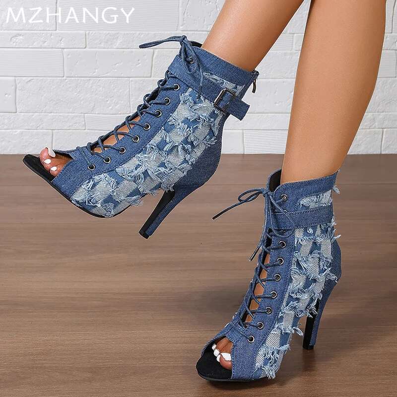 Cowboy Open Women Ankle Cool Boots High Heels Sexy Shoes Pointed Toe Fad Pumps Autumn 2024 Trend Lace Up Dress Botas Mujer