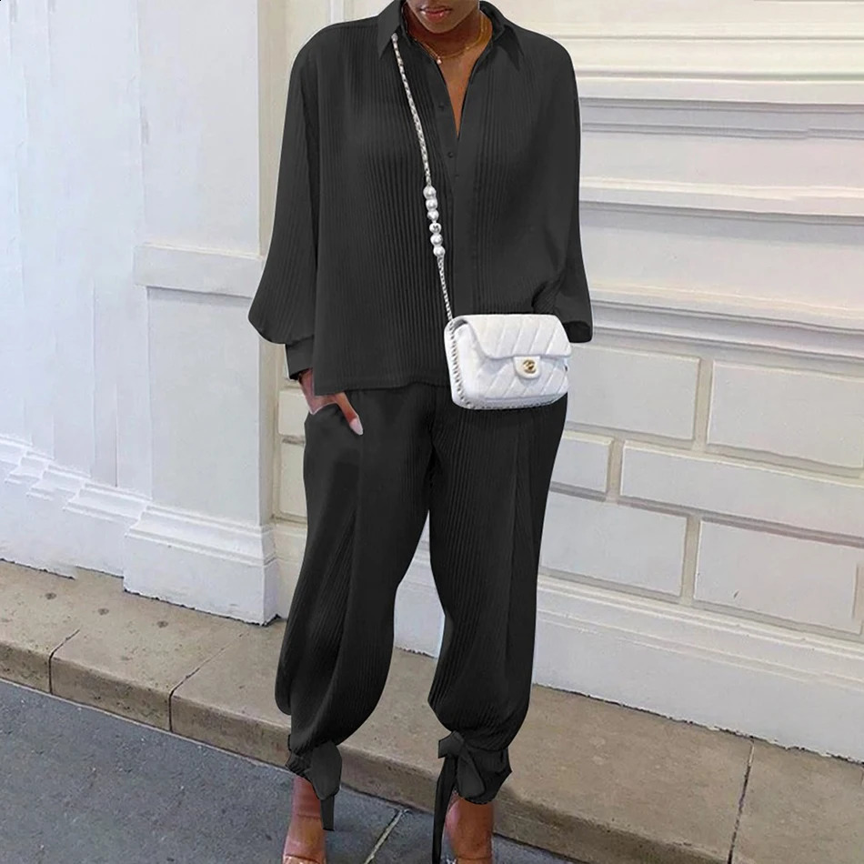 Spring 2 Piece Set Women Tops and Pants Tracksuit Casual Solid Suit Long Sleeve Vneck Shirt Loose Sportwear Outfit 250225
