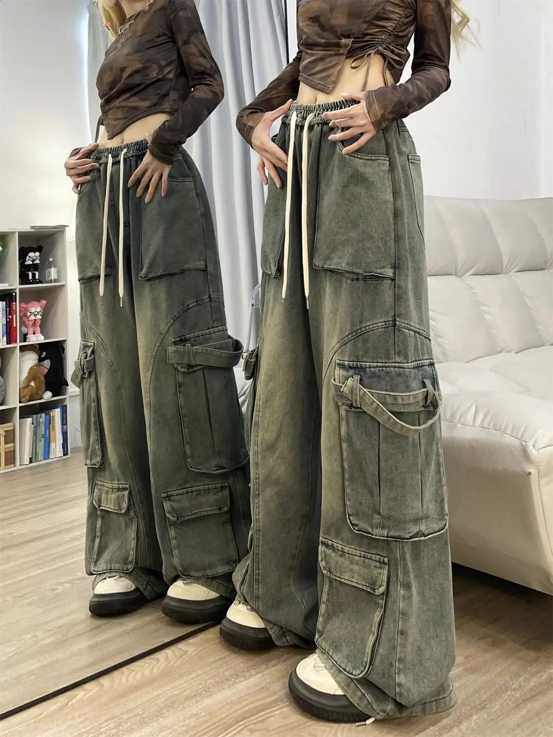American hip-hop street men and women trendy personality straight leg multi pocket jeans loose vintage casual pants y2k 250224