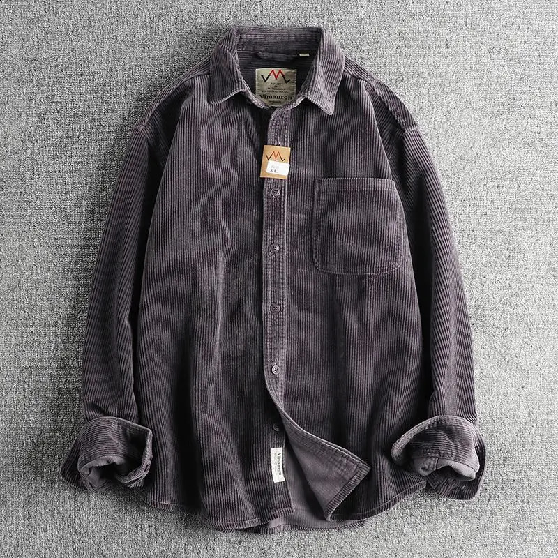 Spring and Autumn Mens Button Simple Casual American Loose Retro Pocket Collar Jacket Mens Autumn 250225