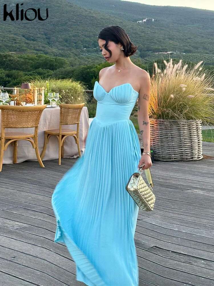 Kliou Pleated Women Maxi Dress Elegant High Street Solid Classic Wrap Chest Zip-Up Body-Shaping Robe Mujer Trend Party Vestidos