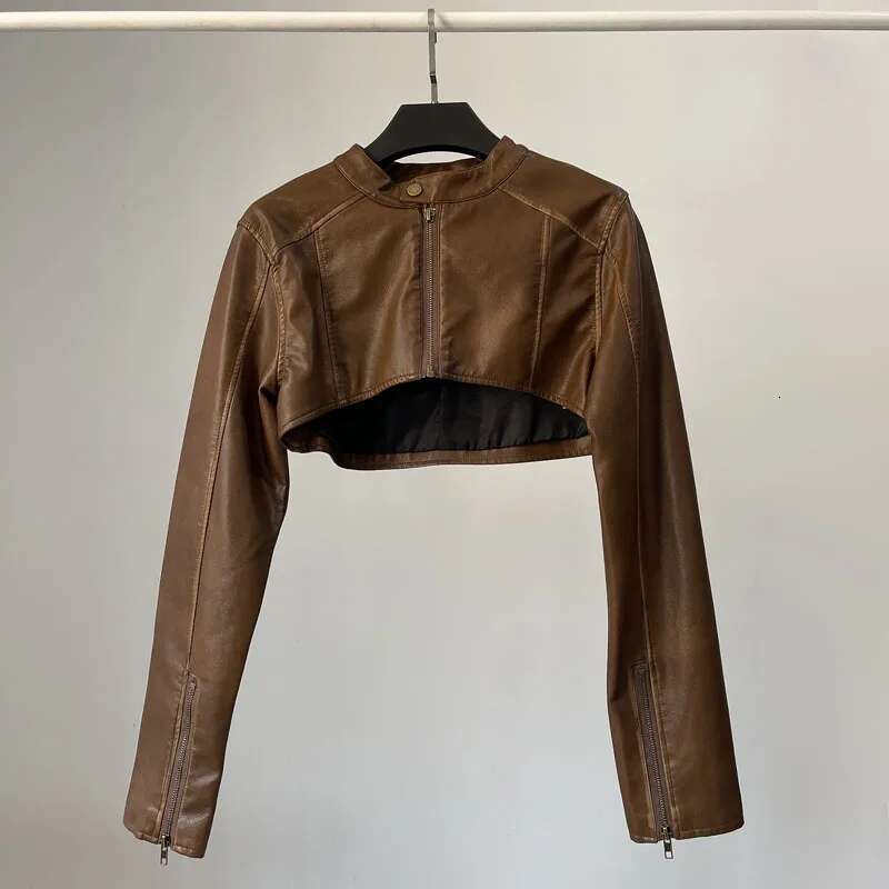 Black Brown Biker Faux Leather PU Spicy Girl Smock Cropped Zipper Jackets Short Coat Women Rave Outfits Kpop Streetwear