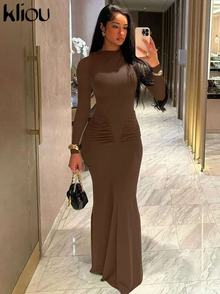 Kliou Earlier Autumn Women Dresses Casual Solid Full Sleeve Round Neck Shirring Sheath Vestidos Mujer Classic Street Club Robe