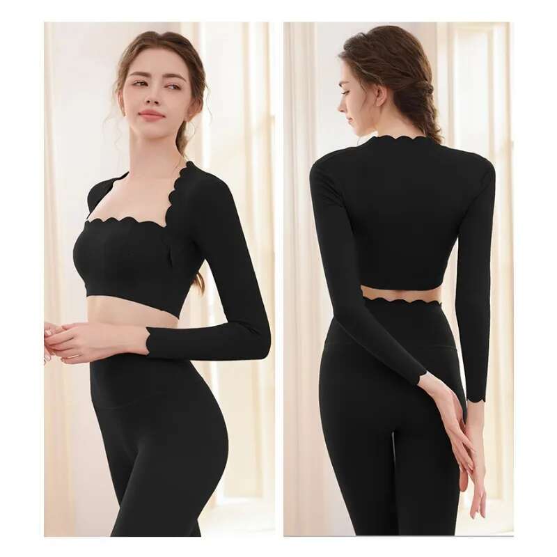 Women's Elasticity Shock-Absorbing Sports Lace Long Sleeved T-Shirt Top Set, High Waist And Hip Lifting Fiess Suit Set