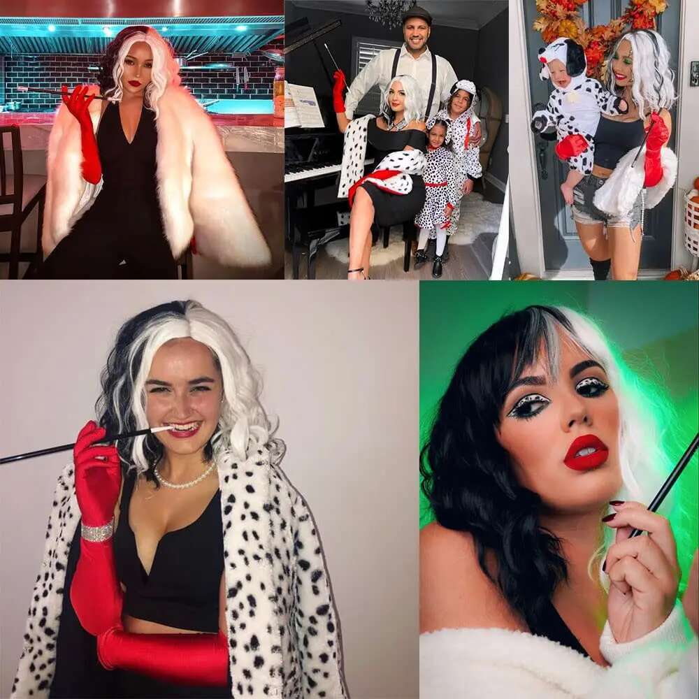 Cruella De Vil Synthetic 14"Short Curly Bob Wavy Wig Body Wave Halloween Cosplay Daily Women Girls Party Wigs (Black And White)