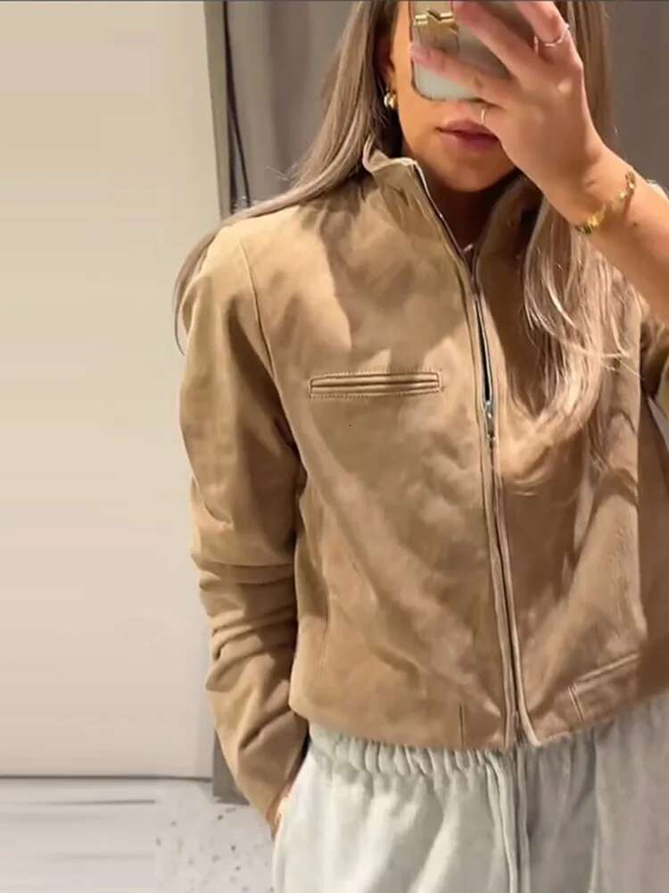 Designer Stand Collar Suede Zipper Short Jackets Women Casual Slim Brown Long Sleeved Jacket Female Spring Chic Daily Style Outwear Tops
