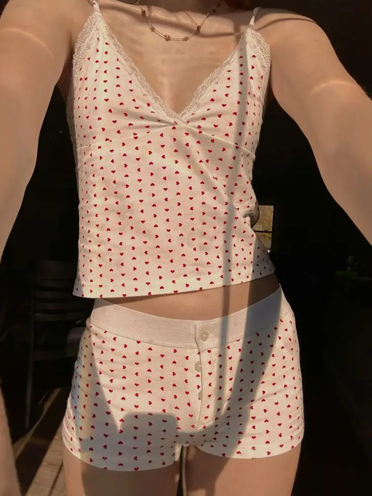 Heart Print Cotton Vest Shorts Set for Woman Summer Sweet Girl Sexy V Neck Lace Crop Top Buttons Short Pant Cute 2 Piece Sets 250228