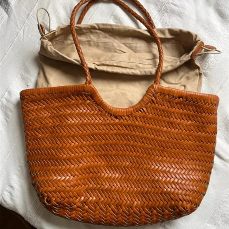 France Flower basket Handbags Womens Genuine Leather Shoulder Bag Weaving Casual Shopping Bag Vintage Big Tote Purse 250305