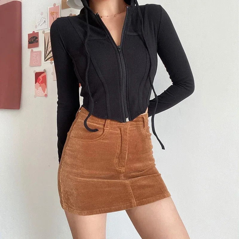 Streetwear Slim Fit Cropped Jacket Women Korean Fashion Long Sleeve Hooded Crop Top Woman Wild Ribbed Zipper Up Sweatshirt 250225