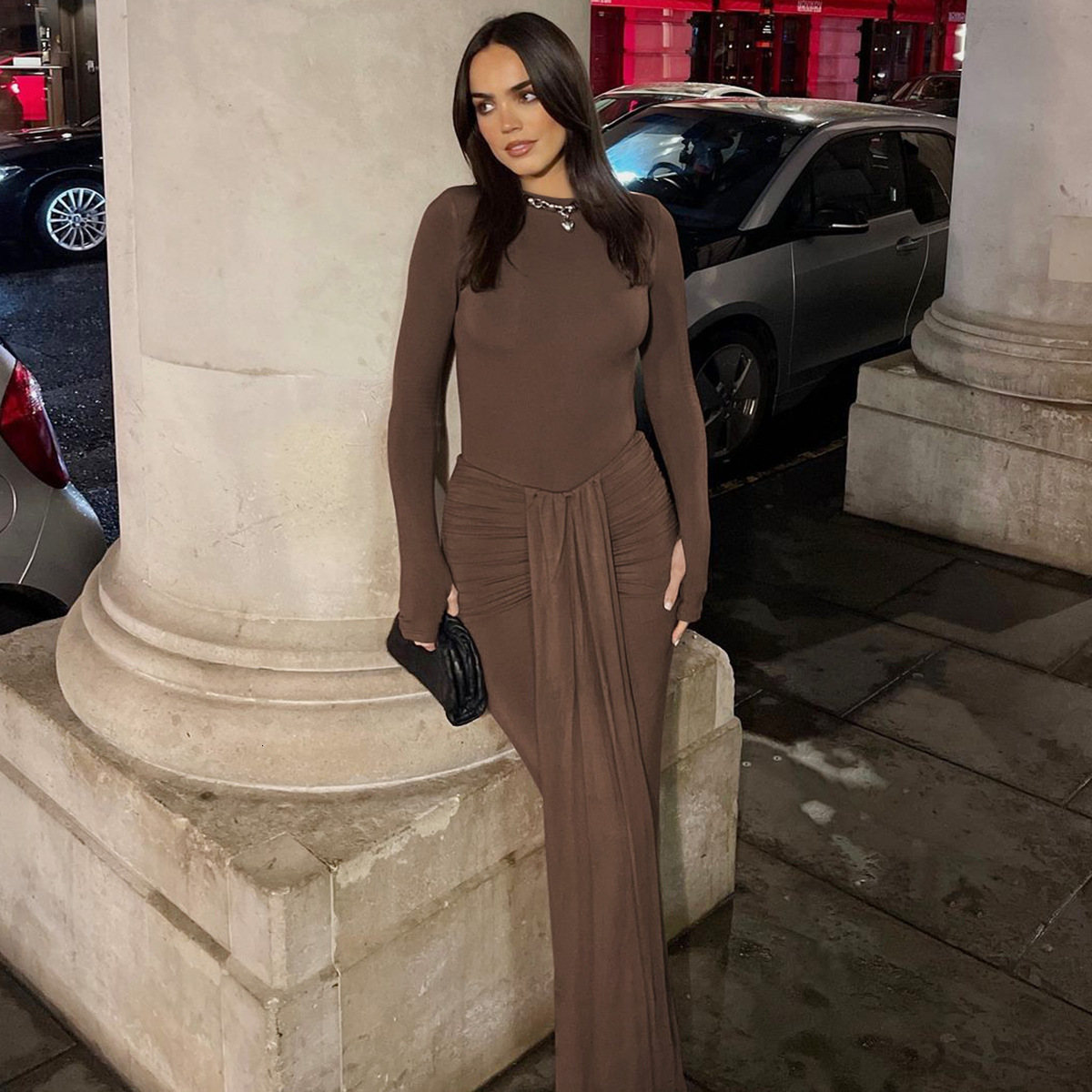 Fashionable Personalized Mid Waist Lace Up Slimming Long Sleeved Dress For Women's Fashion New4 Autumn And Winter New Products