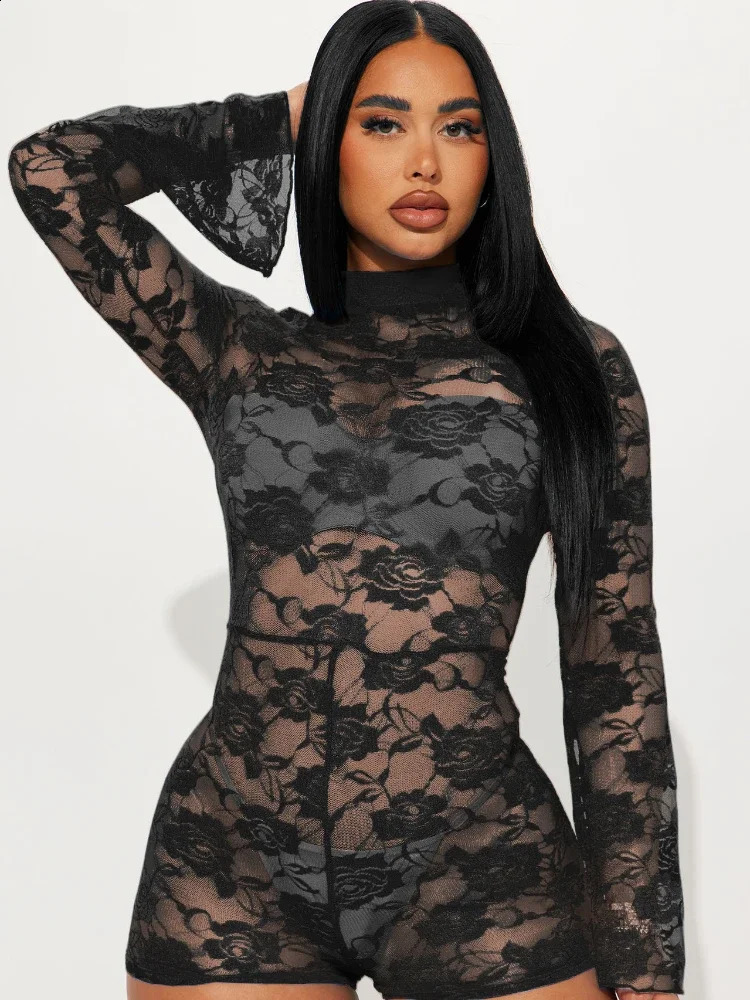 Sexy See Through Floral Lace Falre Sleeve Jumpsuits and Rompers Transparent Full Sleeve Overall for Women 250226