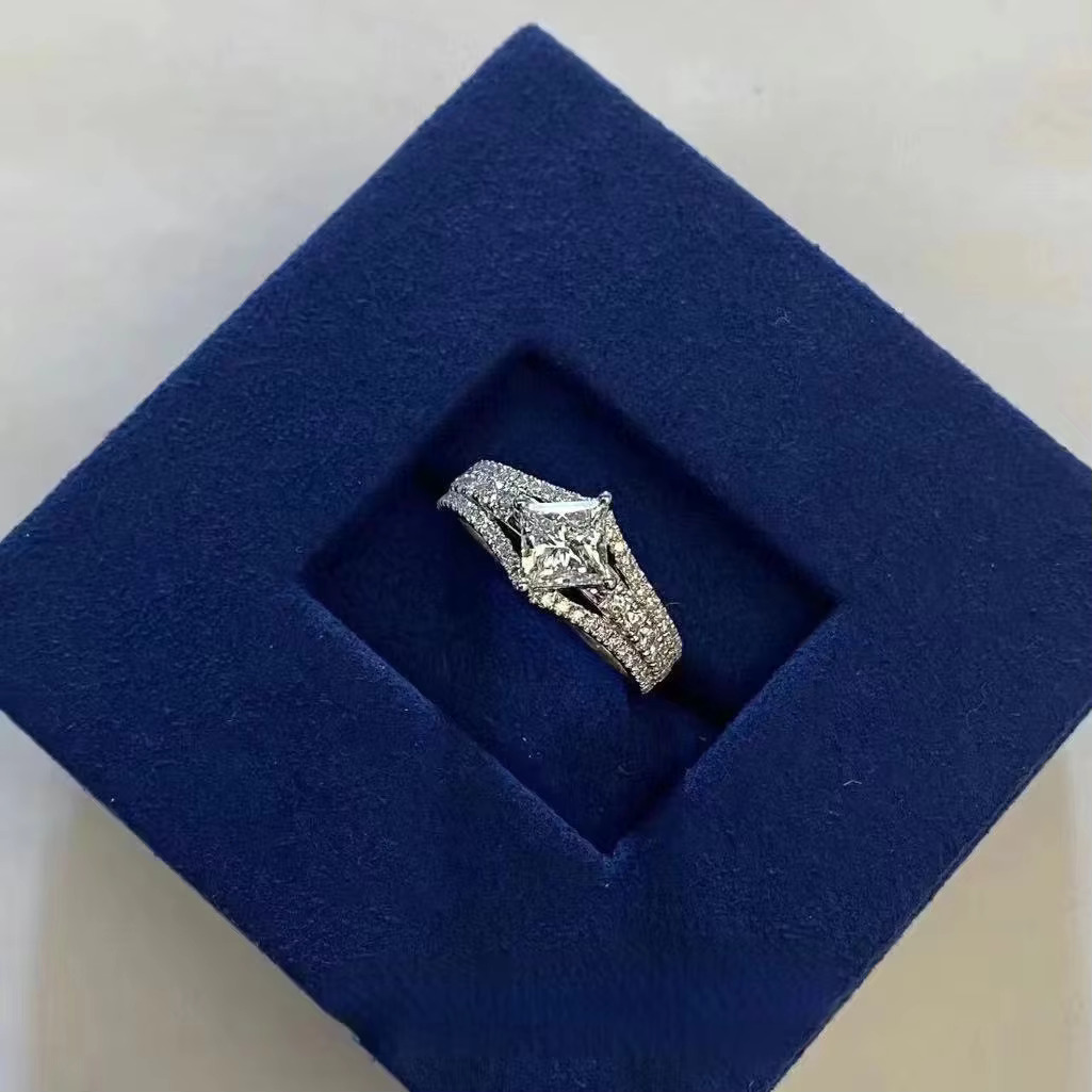 Women's square Moissanite dia sier plated multi-layer crown wedding ring D color