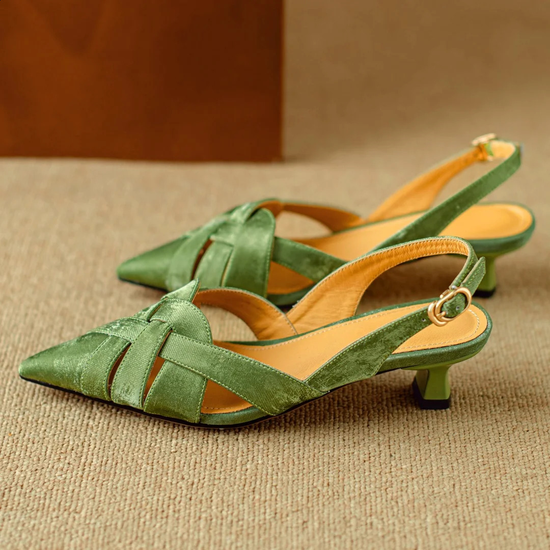 Womens genuine leather narrow band cross strap pointed toe slingback kitten heel sandals summer heeled shoes for woman 250228