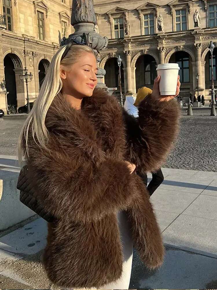 Winter Warm Fluffy Faux Coat Women Vintage Casual Solid Open Fur Coats Female Elegant Chic Loose Street Brown Outwear
