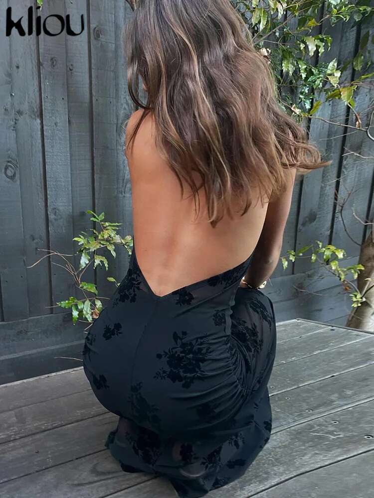 Kliou Elegant Halter Women Long Dress New Fashion Ral Print Thin Sheer Backless Bodycon Vintage Lady High Street Evening Robe