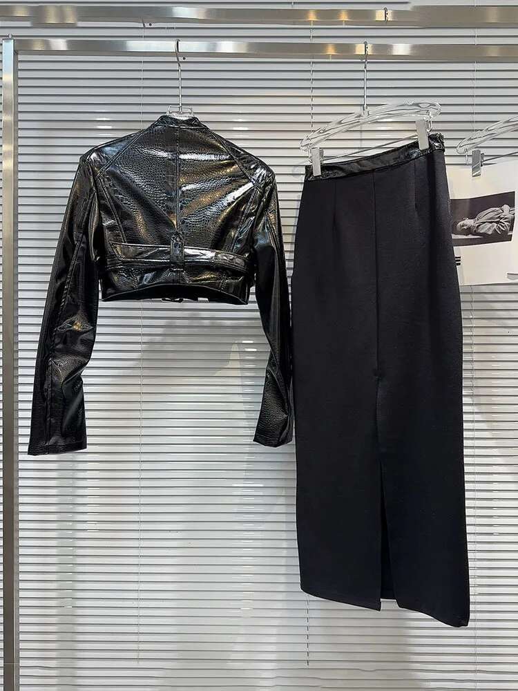 DEAT Fashion Women Strand Collar Zipper Belt Leather Jakcet Metal Circle High Waist Patchwork Skirts Female 2025 Spring 11Xx8961