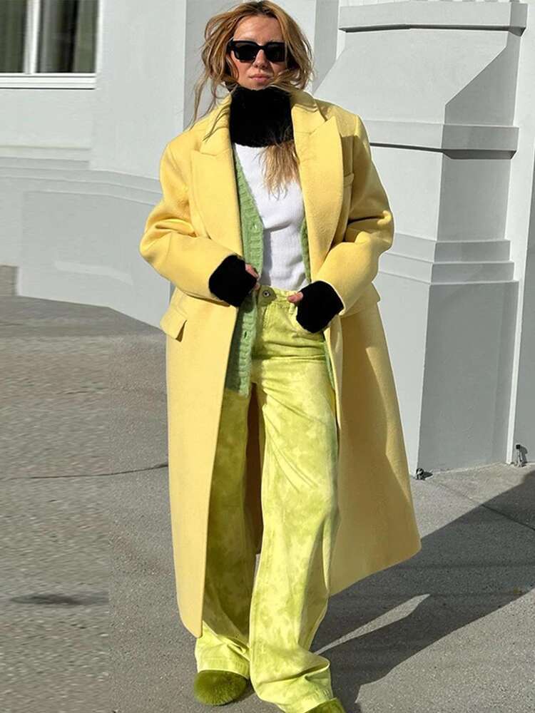 Yellow Woolen Female Coats Turn-Down Collar Loose Lady Jacket 2024 Autumn Winter Long Sleeve One Button Solid Women Coat