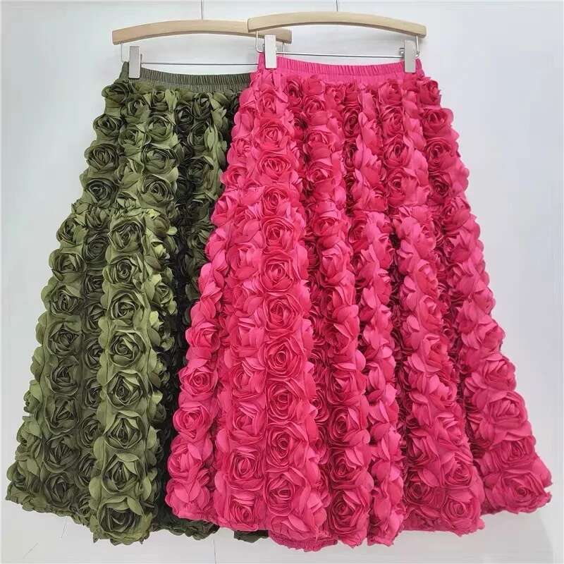 3D Wer Design Loose Red Ball Gown Skirts High Waist Big Size Skirt Women 2024 Autumn New Tide All-Match Clothing O147