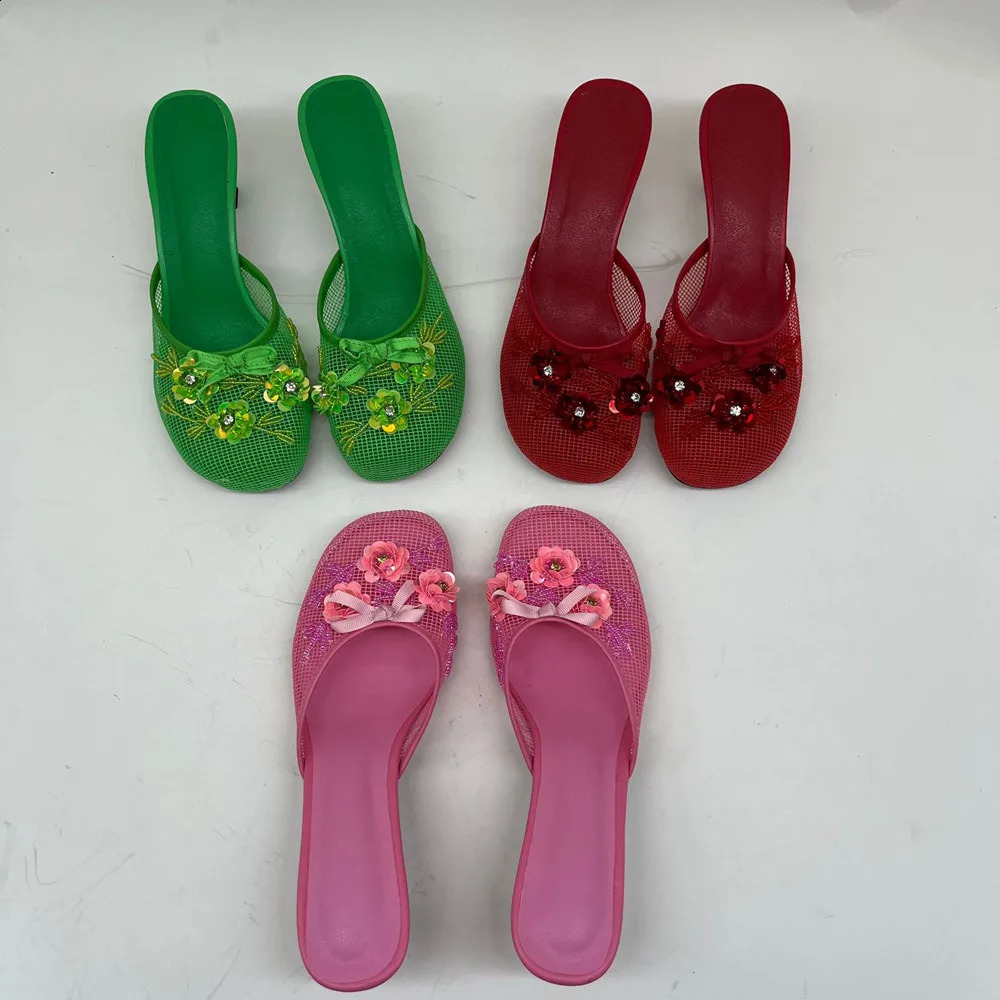 Summer Spring Womens Slippers Mesh Flower High Heels Sexy Ladies Non Slip Round Toe Wedding Sandals 250228