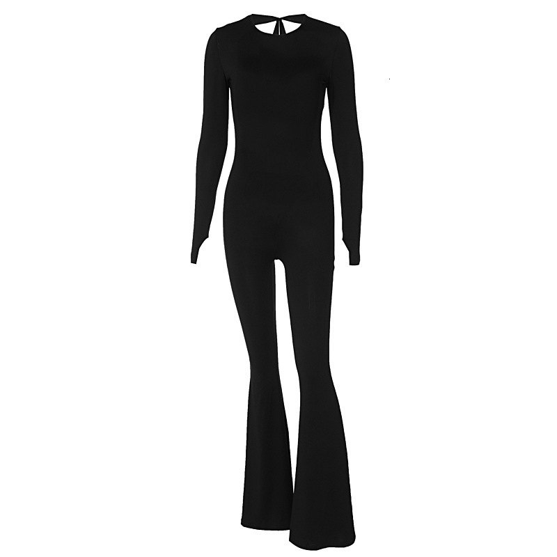 Women's New4 Spring New Fashion And Sexy Off Back Lace Solid Color Slim Fit Long Sleeved Jumpsuit