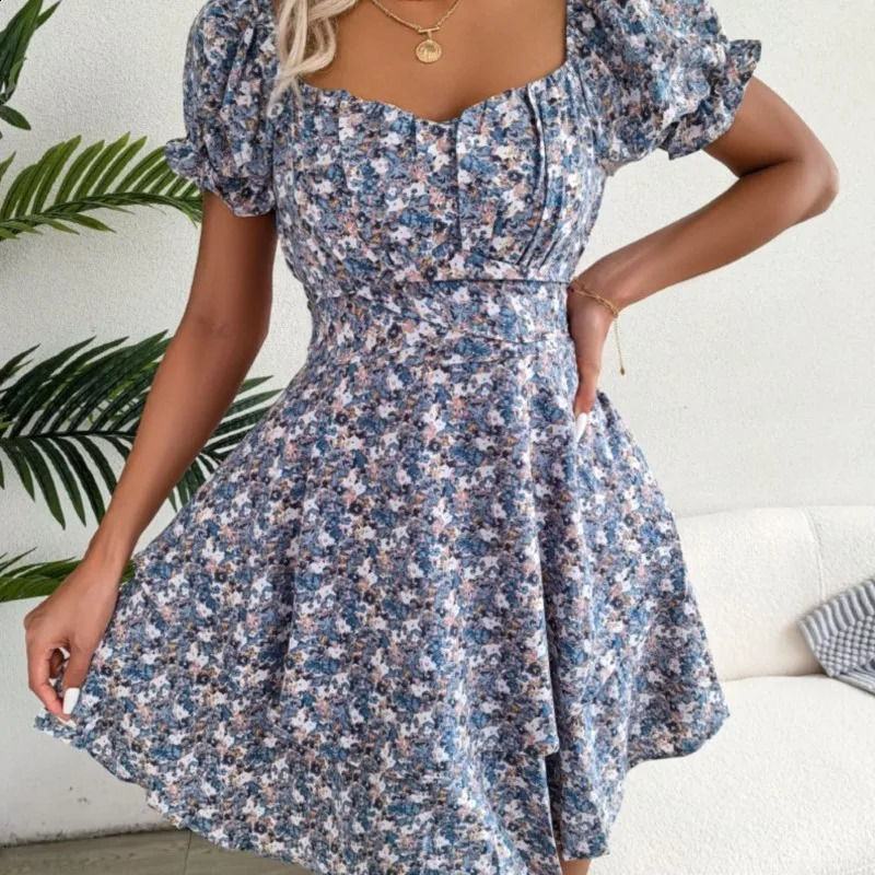 Dress For Women Summer Temperament Sexy Square Neckline Floral Pattern Waist Cinching Big Swing Short Skirt 250227Z