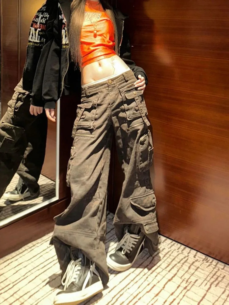 Y2K fashion heavy industry multi pocket work jeans for women retro washed hip-hop girls loose and casual high waist wide leg jeans 250224