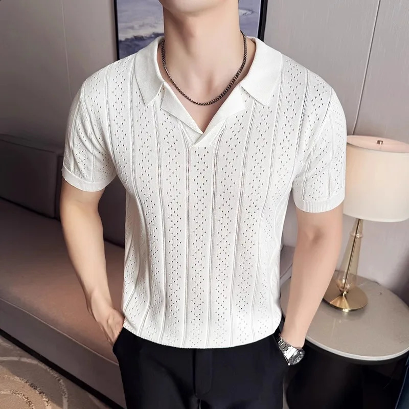 Minglu Knitted V Collar Mens Polo Shirts Spring Summer Short Sleeve Solid Color Hollow Out Casual Male T-shirts Man Tees 250228