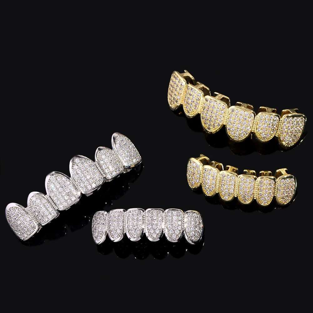 HipHop Iced Out Teeth Grillz Set For Men Women Bg Cubic Zircon Paved Top & Bottom Grills Tooth Caps Gold Plated Party Jewelry