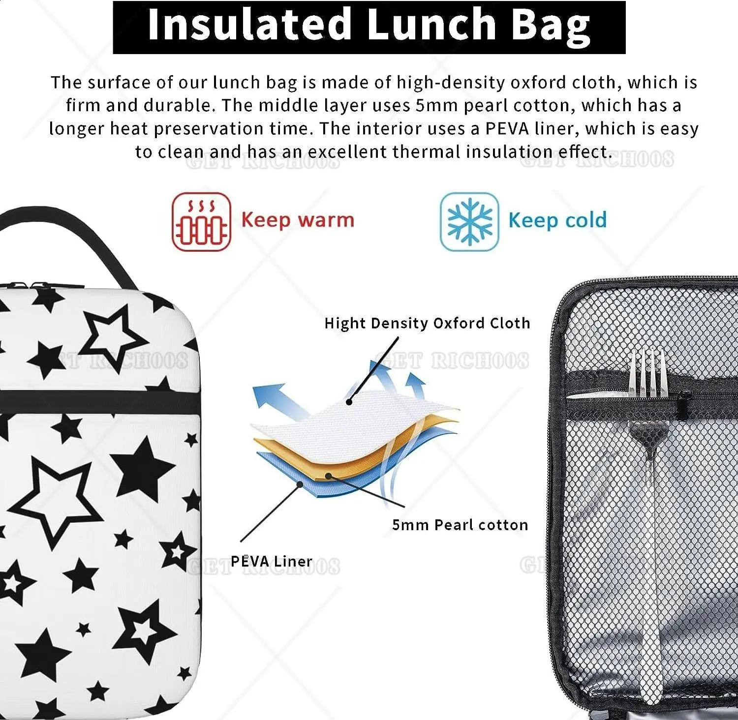 Black Stars In White Portable Lunch Bag Insulated Lunch Box Reusable Totes for Women Men Work Picnic Camping One Size 250228