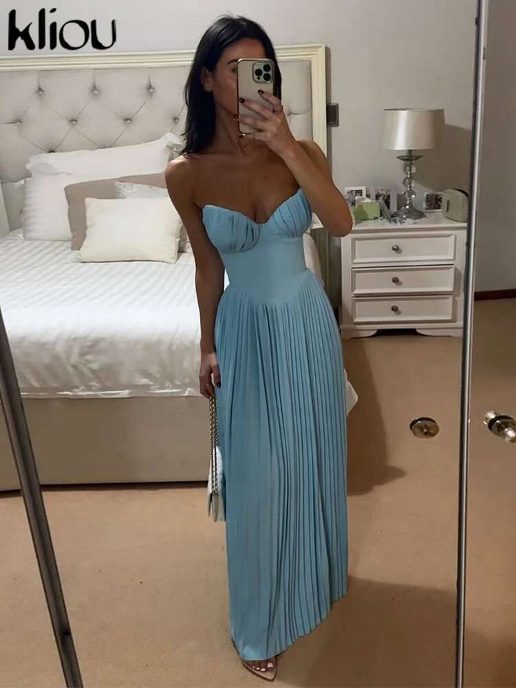 Kliou Pleated Women Maxi Dress Elegant High Street Solid Classic Wrap Chest Zip-Up Body-Shaping Robe Mujer Trend Party Vestidos