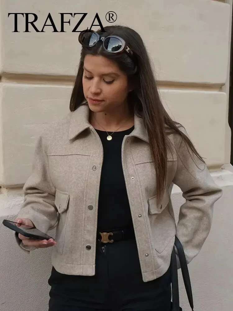 TRAFZA 2024 Autumn Winter Female Street Fashion Solid Jackets Causal With Pockets Button Turn Down Collar Elegant Coats