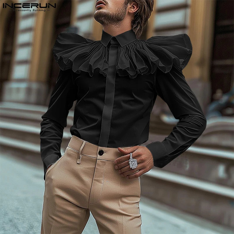 INCERUN Tops American Style Men Ruffled Courtly Style Shirt Casual Fashion Loose Solid Long Sleeved Blouse S-5XL 250225