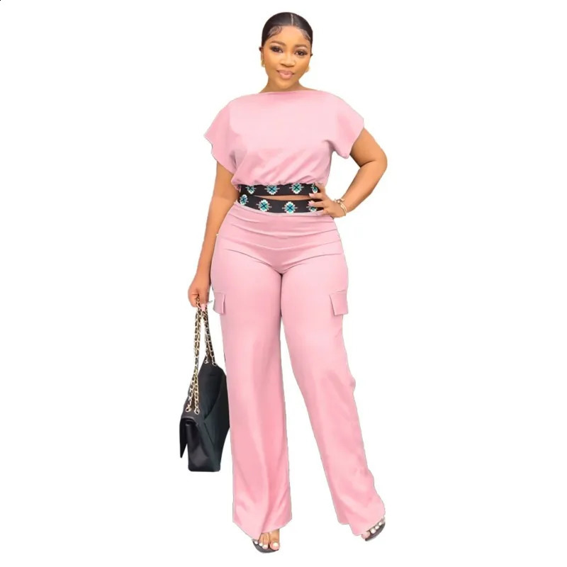 Geometric Print 2 Piece Sets Women Summer Fashion Boat Neck Short Sleeve Crop Top Casual Pocket Daily Pants Streetwear Sets 250225